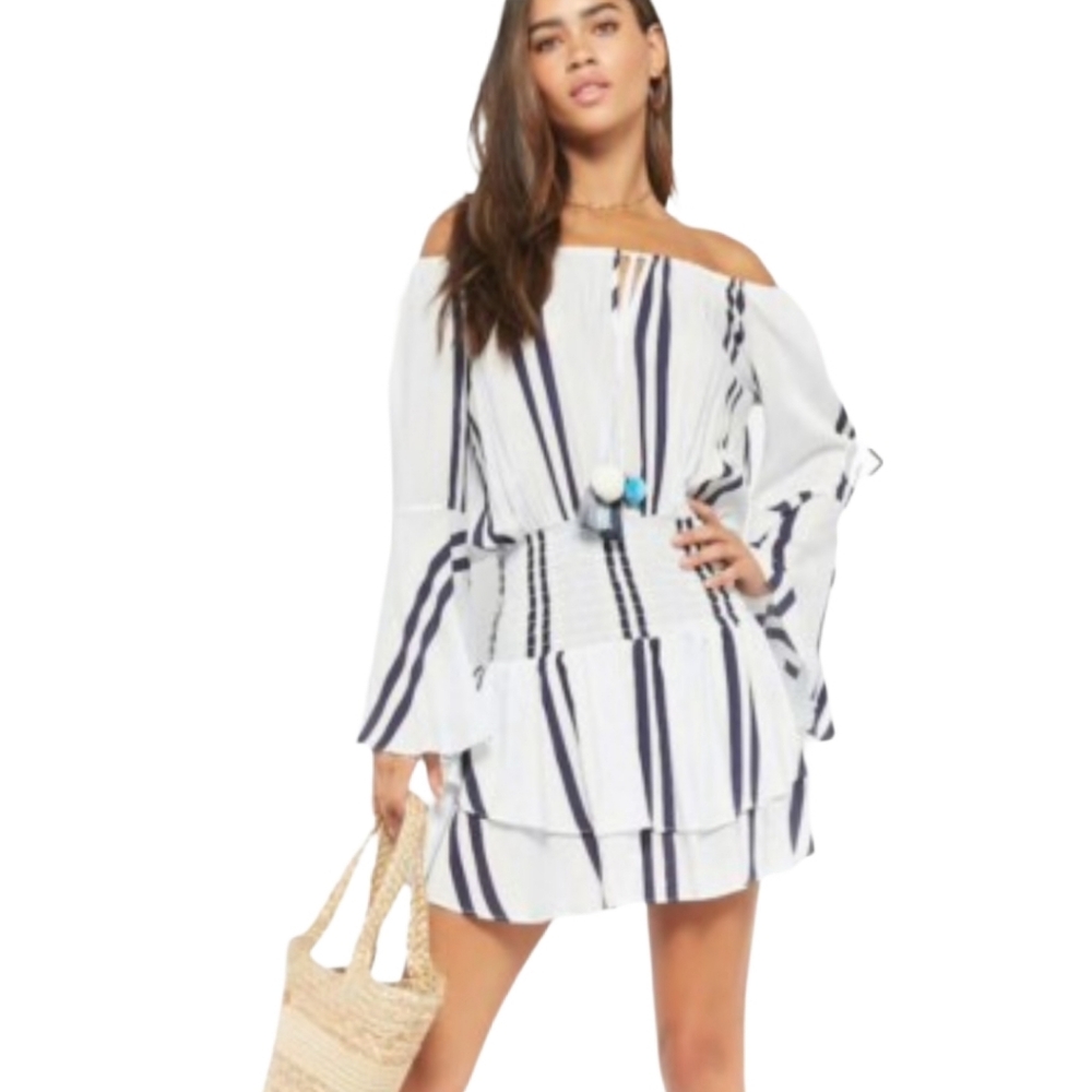 Surf Gypsy Women's Off Shoulder White‎ Stripe Boho Pom Pom Mini Dress Medium
